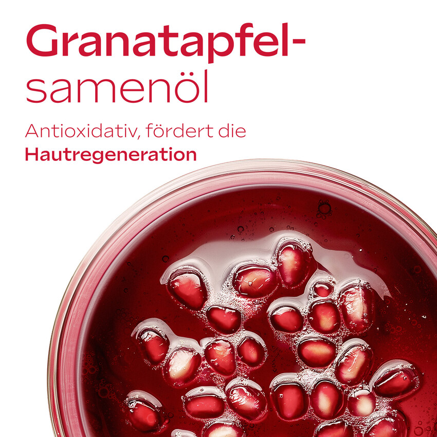 Weleda Straffendes Serum, Flasche. Rote Flasche mit Pipette, Granatapfel-Motiv. Text: Straffendes Serum.